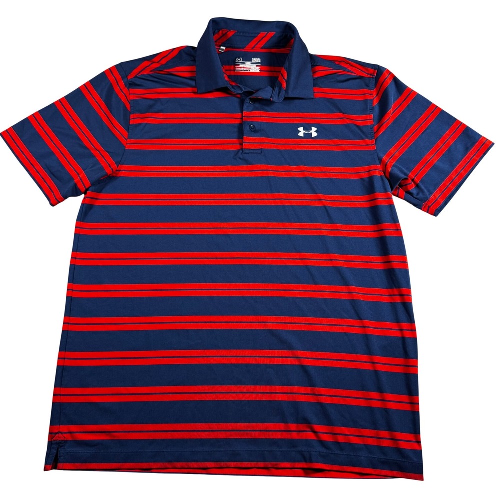 Under Armour Polo Shirt Mens Large Blue Red Good HeatGear Striped 1287383
